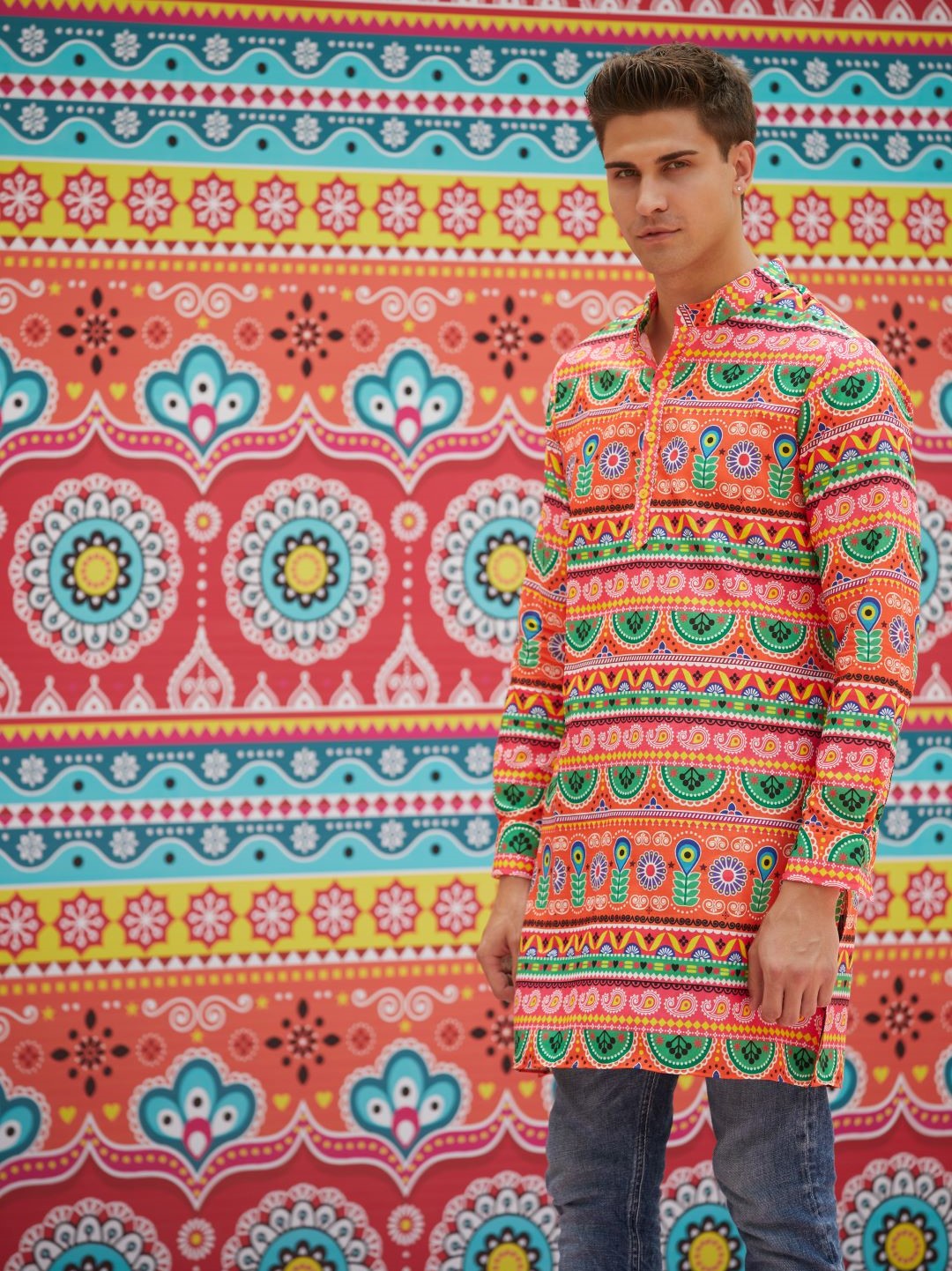 Orange Green Floral Print Kurta