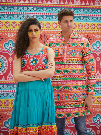 Couple Combo- Orange Truck Art Kurta combo