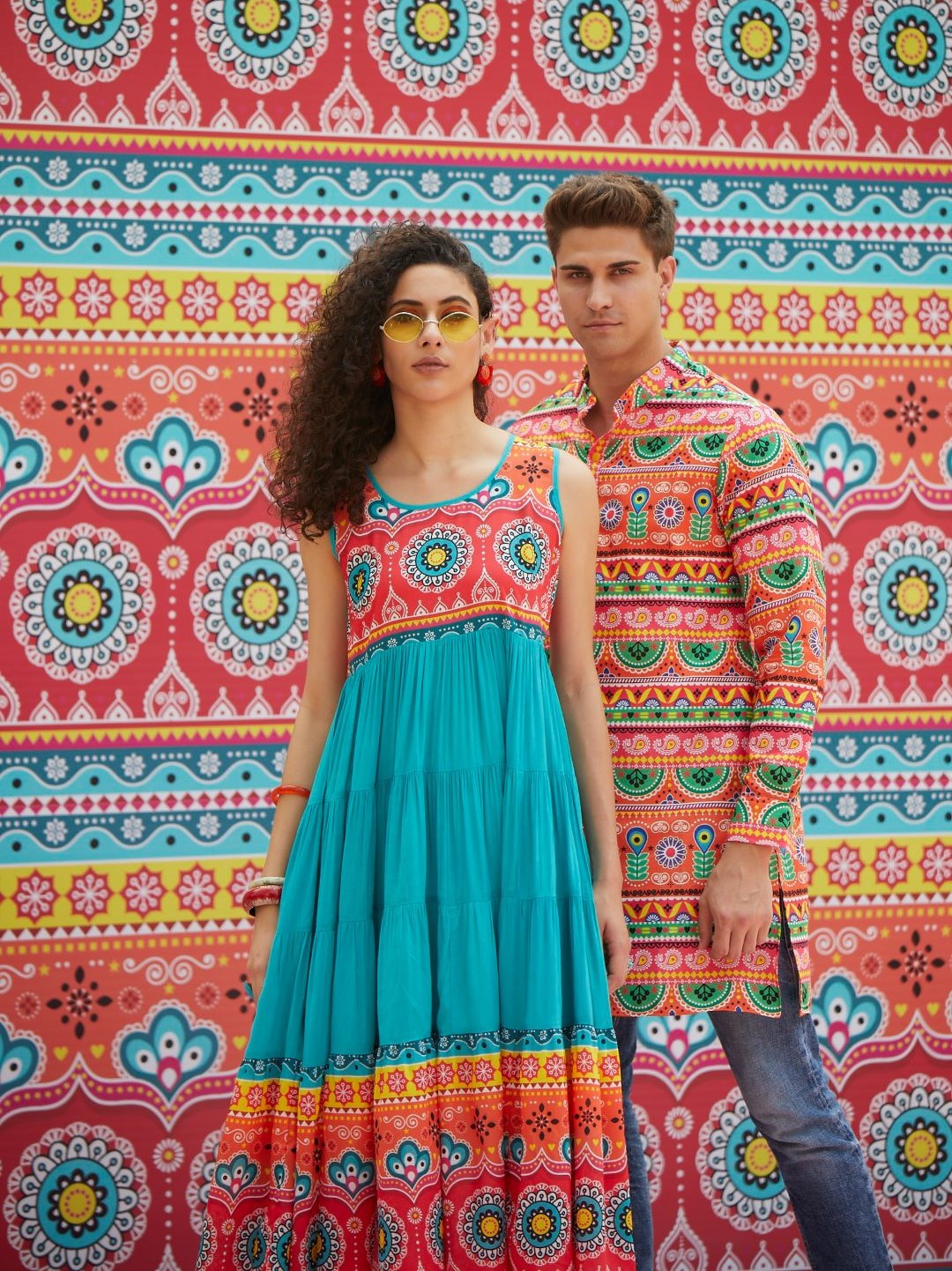 Couple Combo- Orange Truck Art Kurta combo