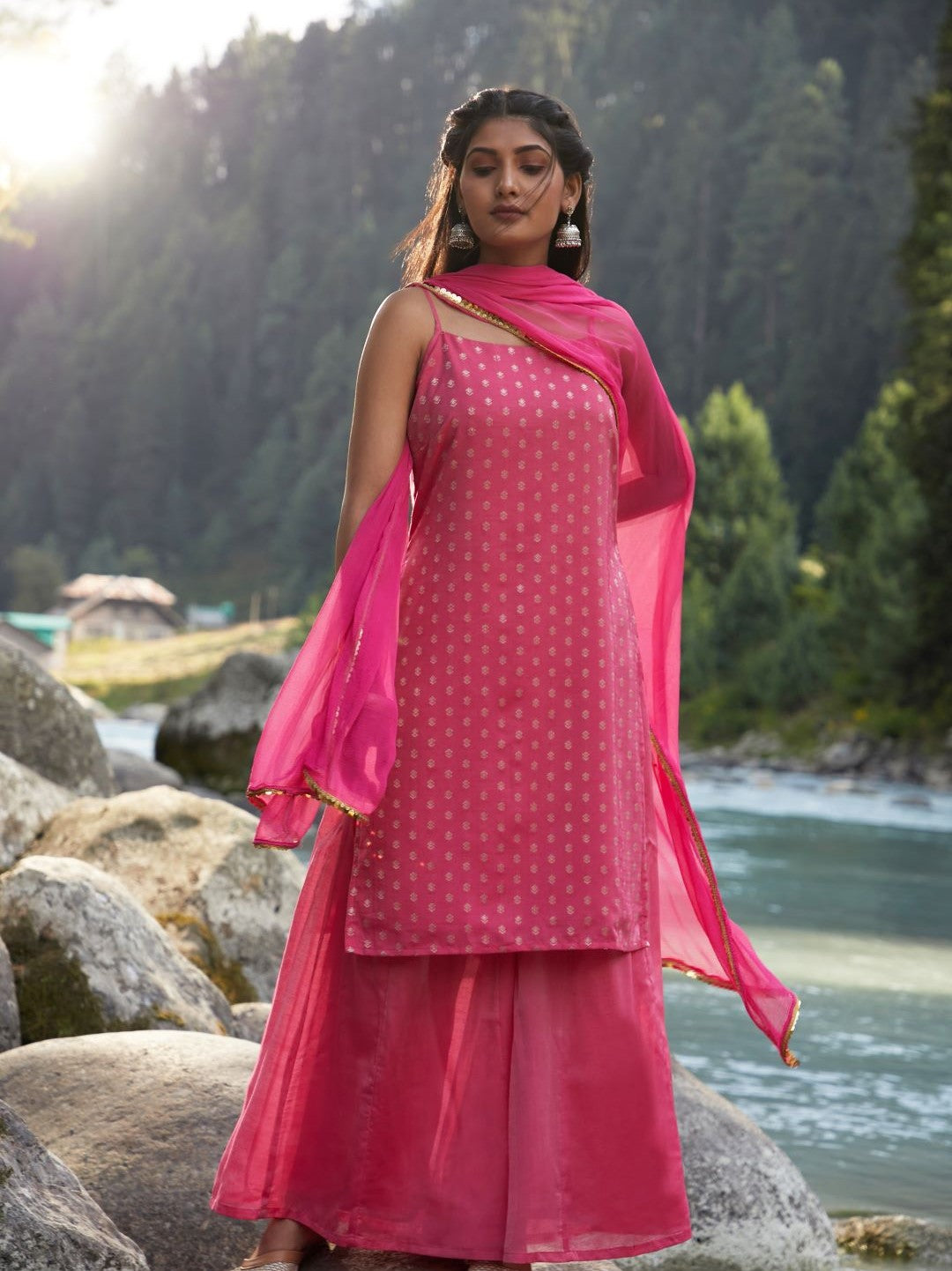 Pink Gold Zari Work Woven Design Kurta Palazzo With Dupatta