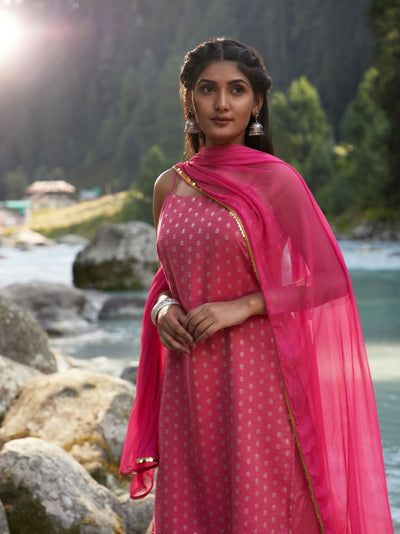 Pink Gold Zari Work Woven Design Kurta Palazzo With Dupatta