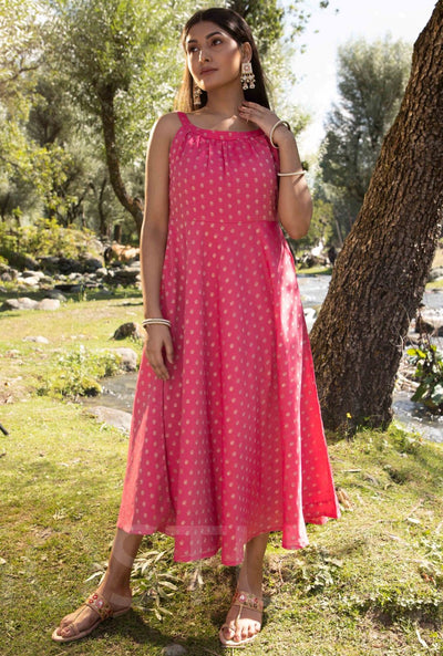 Pink Woven Designed Halter Neck Dress