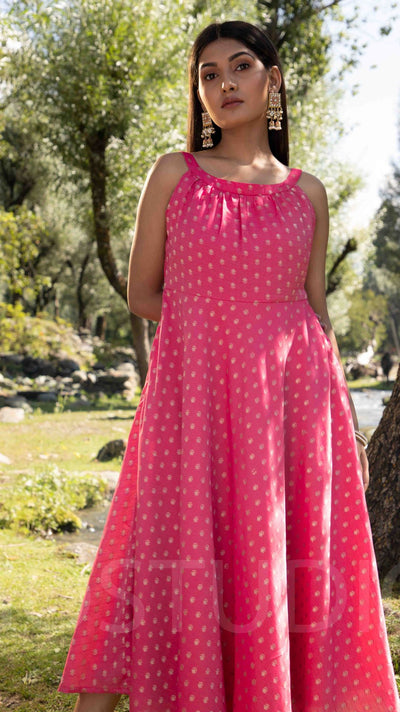 Pink Woven Designed Halter Neck Dress