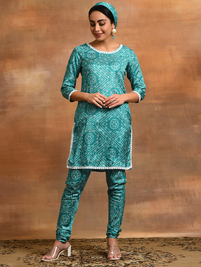 Green Bandhani Retro Style Suit Set Mother Daughter Combo