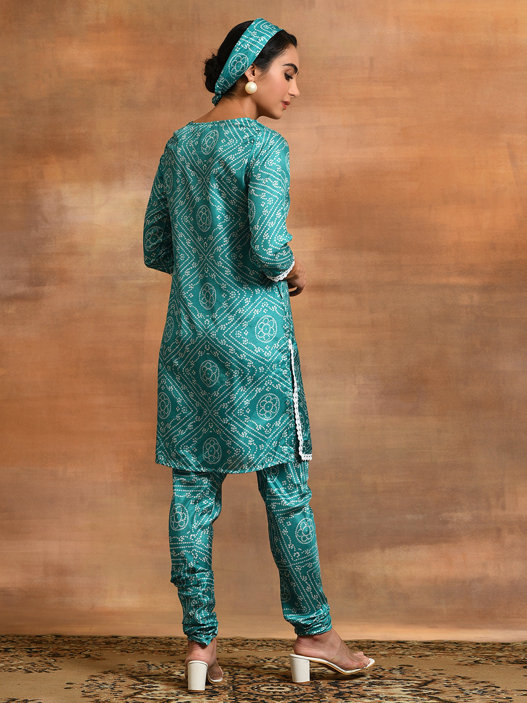 Green Bandhani Retro Style Suit Set Mother Daughter Combo