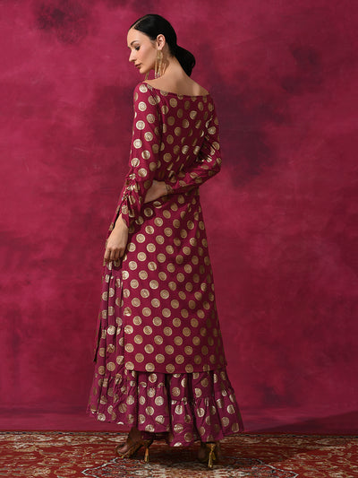 Purple Foil Print Off Shoulder Kurta