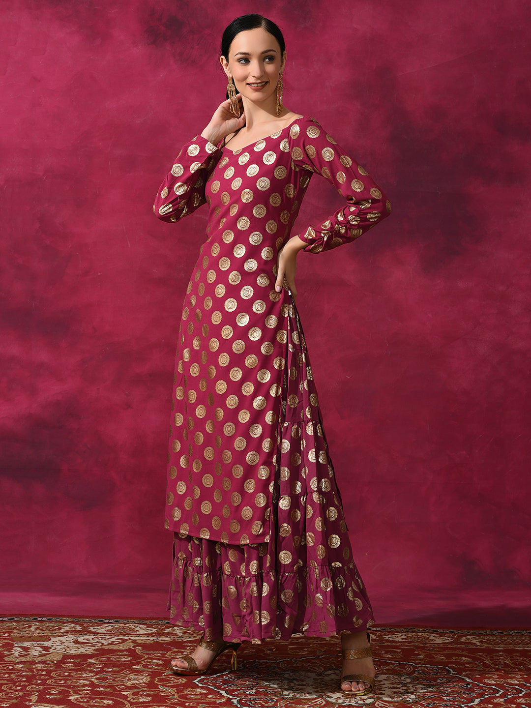 Purple Foil Print Off Shoulder Kurta