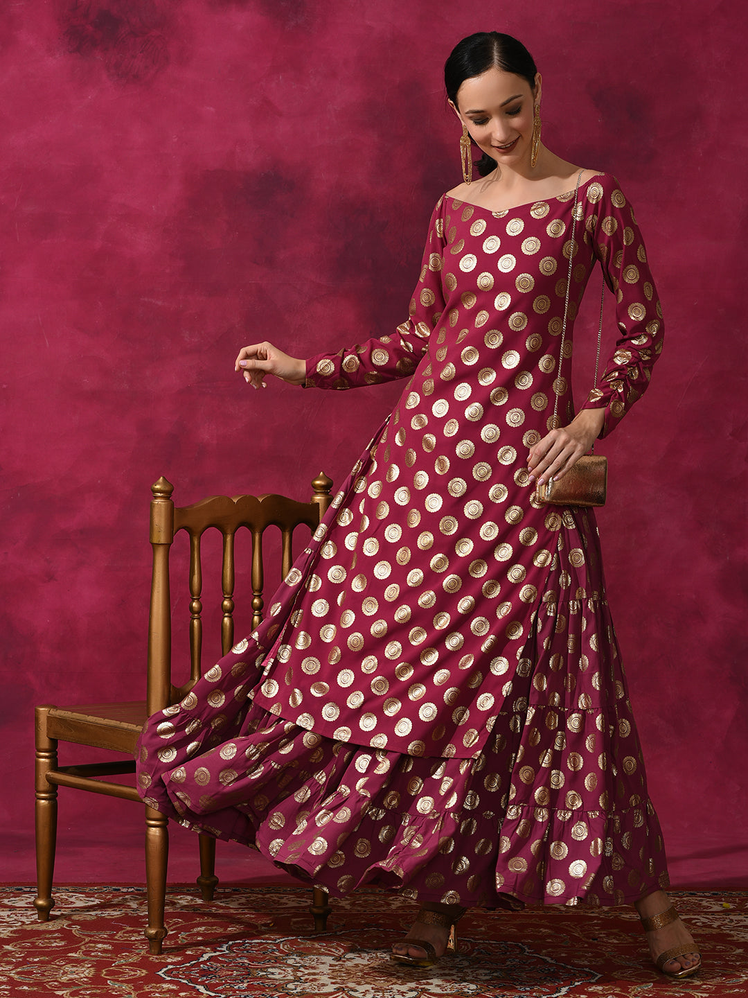 Purple Foil Print Off Shoulder Kurta