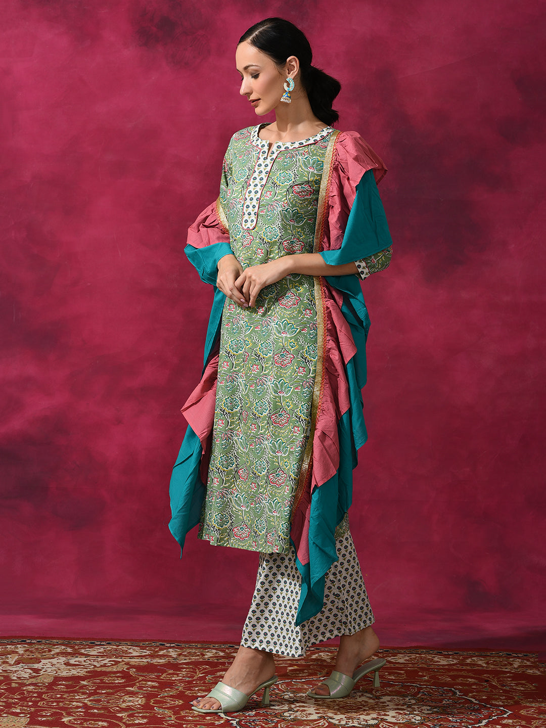 Green Floral Print Kurta Palazzo With Ruffle Dupatta