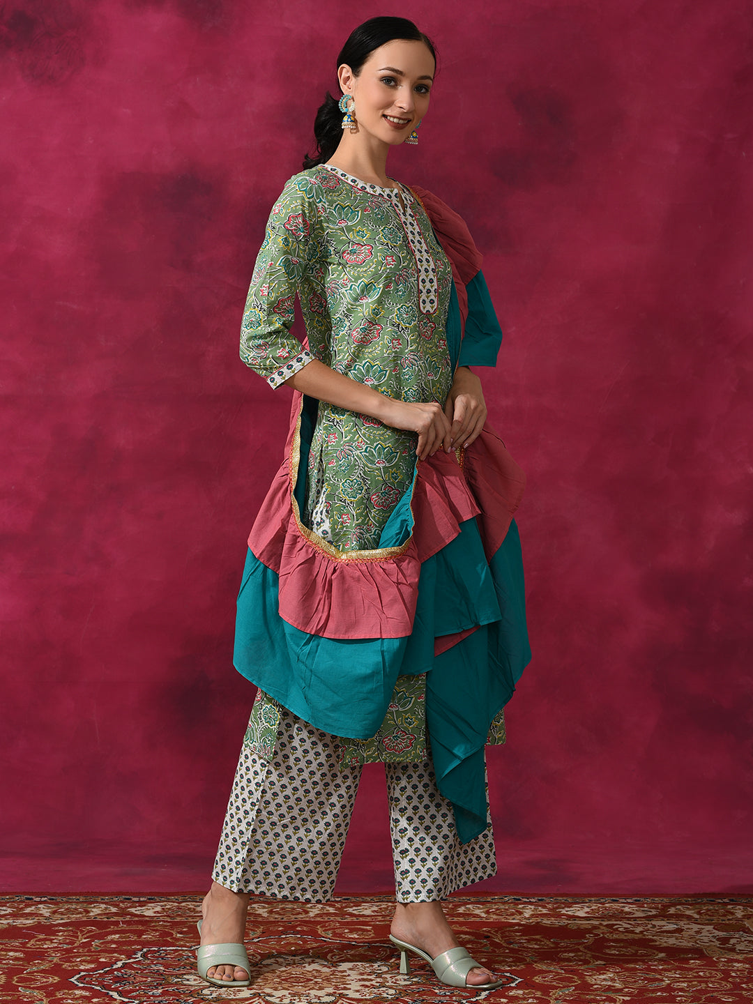 Green Floral Print Kurta Palazzo With Ruffle Dupatta