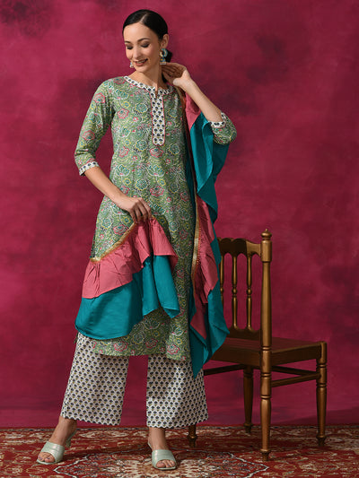 Green Floral Print Kurta Palazzo With Ruffle Dupatta