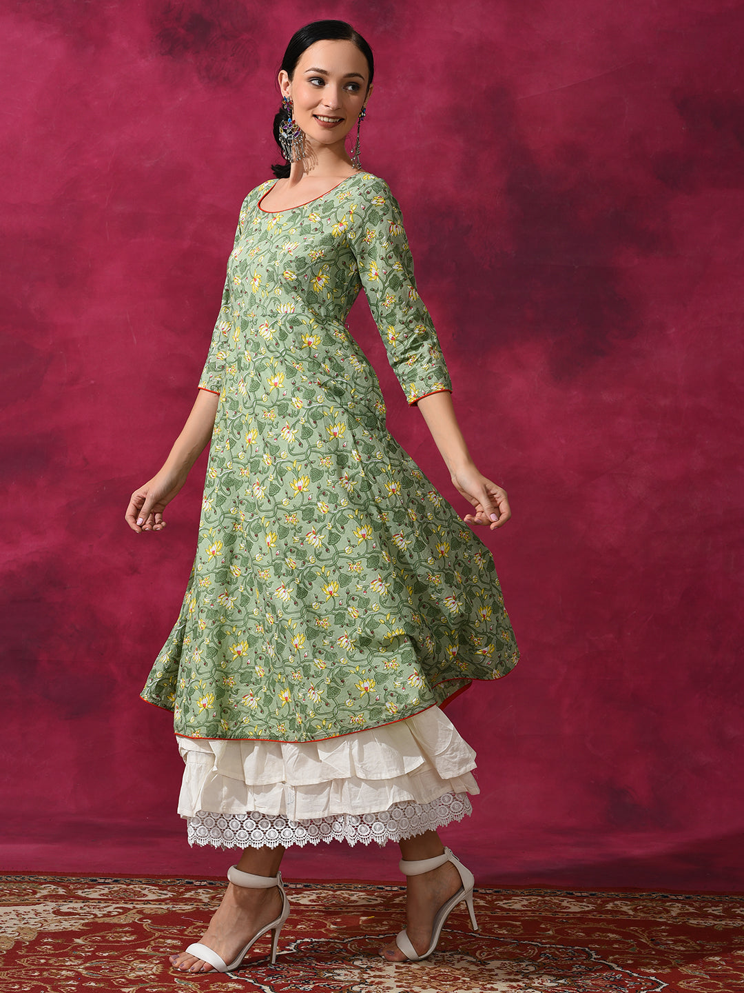 Green Floral Print Layered Maxi Dress