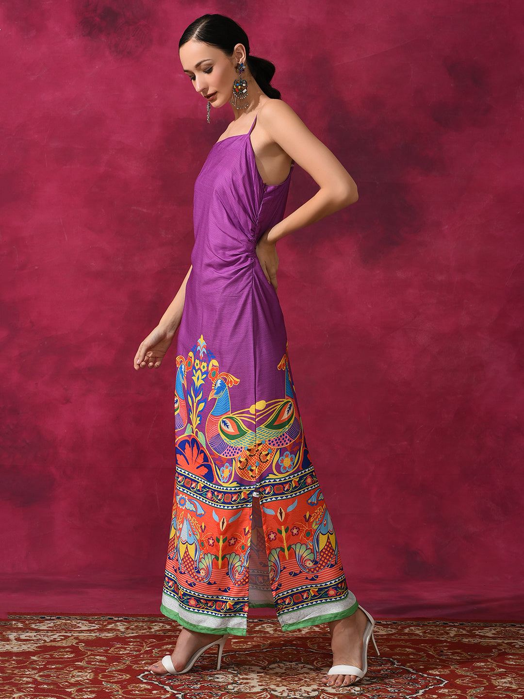 Purple Abstract Print Slit Maxi Dress