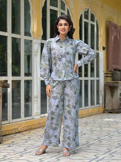 Grey Floral Print Lurex Fusion Co-Ord Set