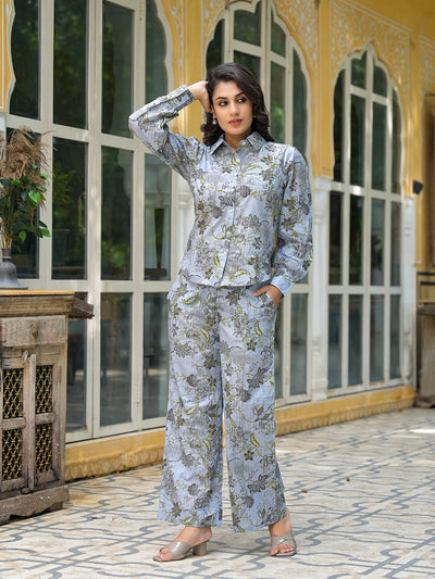 Grey Floral Print Lurex Fusion Co-Ord Set