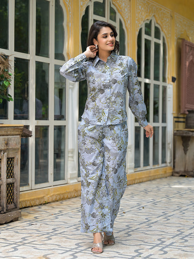Grey Floral Print Lurex Fusion Co-Ord Set