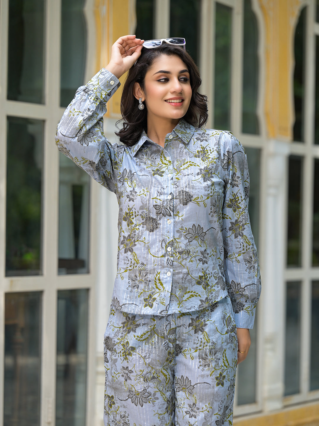 Grey Floral Print Lurex Fusion Co-Ord Set