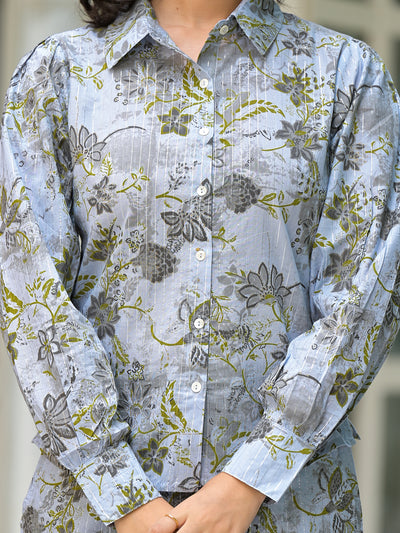 Grey Floral Print Lurex Fusion Co-Ord Set