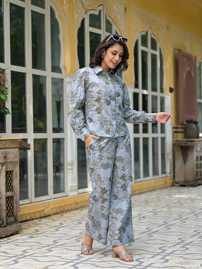 Grey Floral Print Lurex Fusion Co-Ord Set