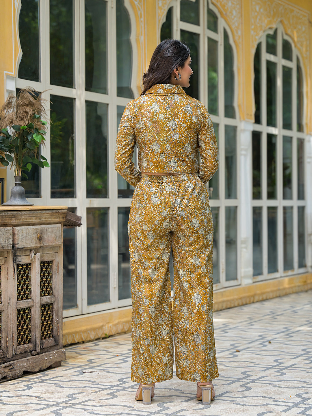 Mustard Crop Top With Palazzo In Kantha Work