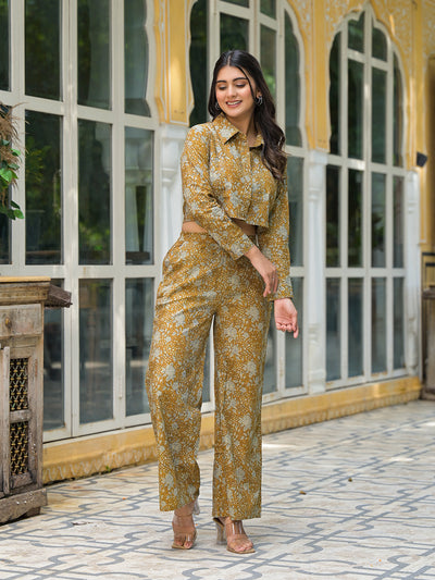 Mustard Crop Top With Palazzo In Kantha Work