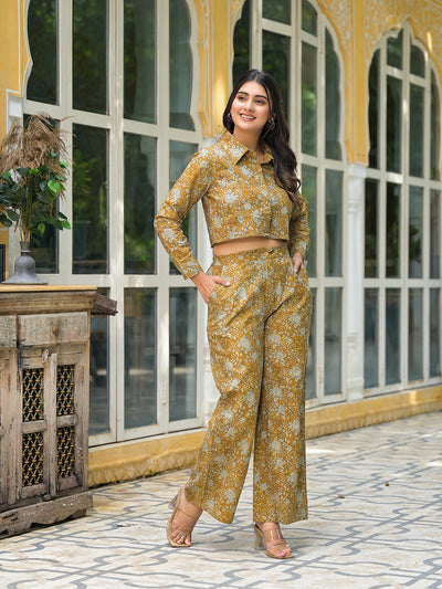 Mustard Crop Top With Palazzo In Kantha Work