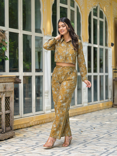 Mustard Crop Top With Palazzo In Kantha Work