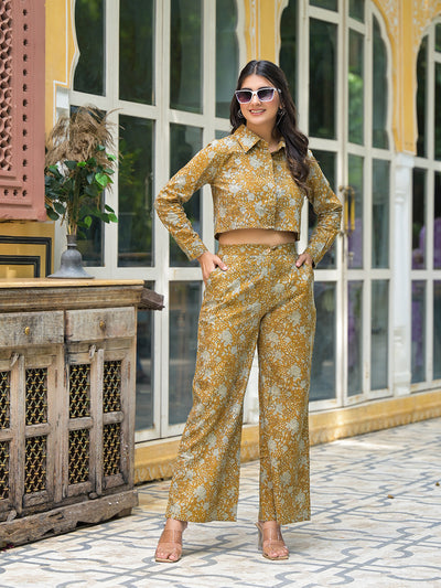 Mustard Crop Top With Palazzo In Kantha Work