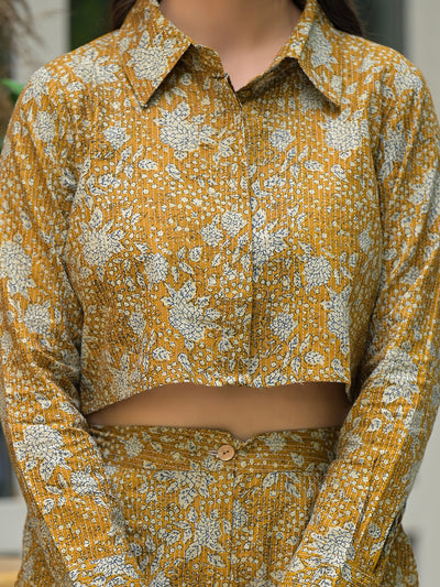 Mustard Crop Top With Palazzo In Kantha Work