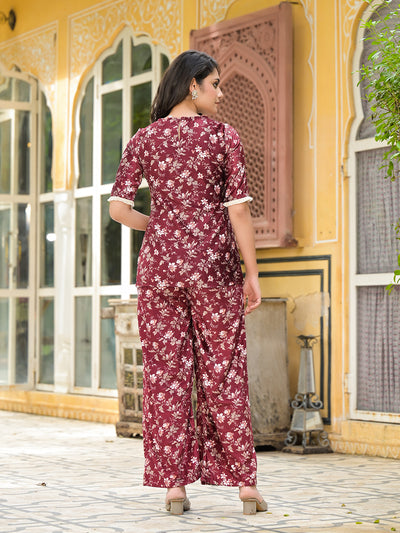 Maroon Floral Print Velvet Kurta Set With Digital Print Dupatta