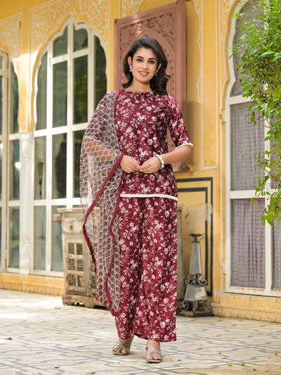 Maroon Floral Print Velvet Kurta Set With Digital Print Dupatta
