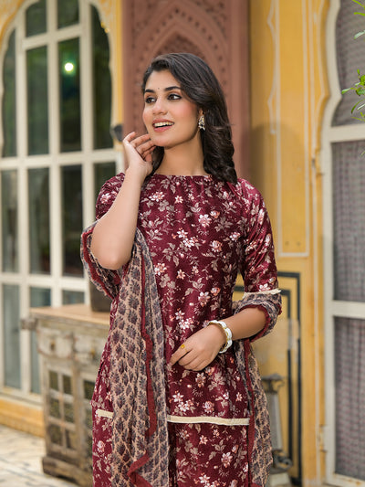 Maroon Floral Print Velvet Kurta Set With Digital Print Dupatta