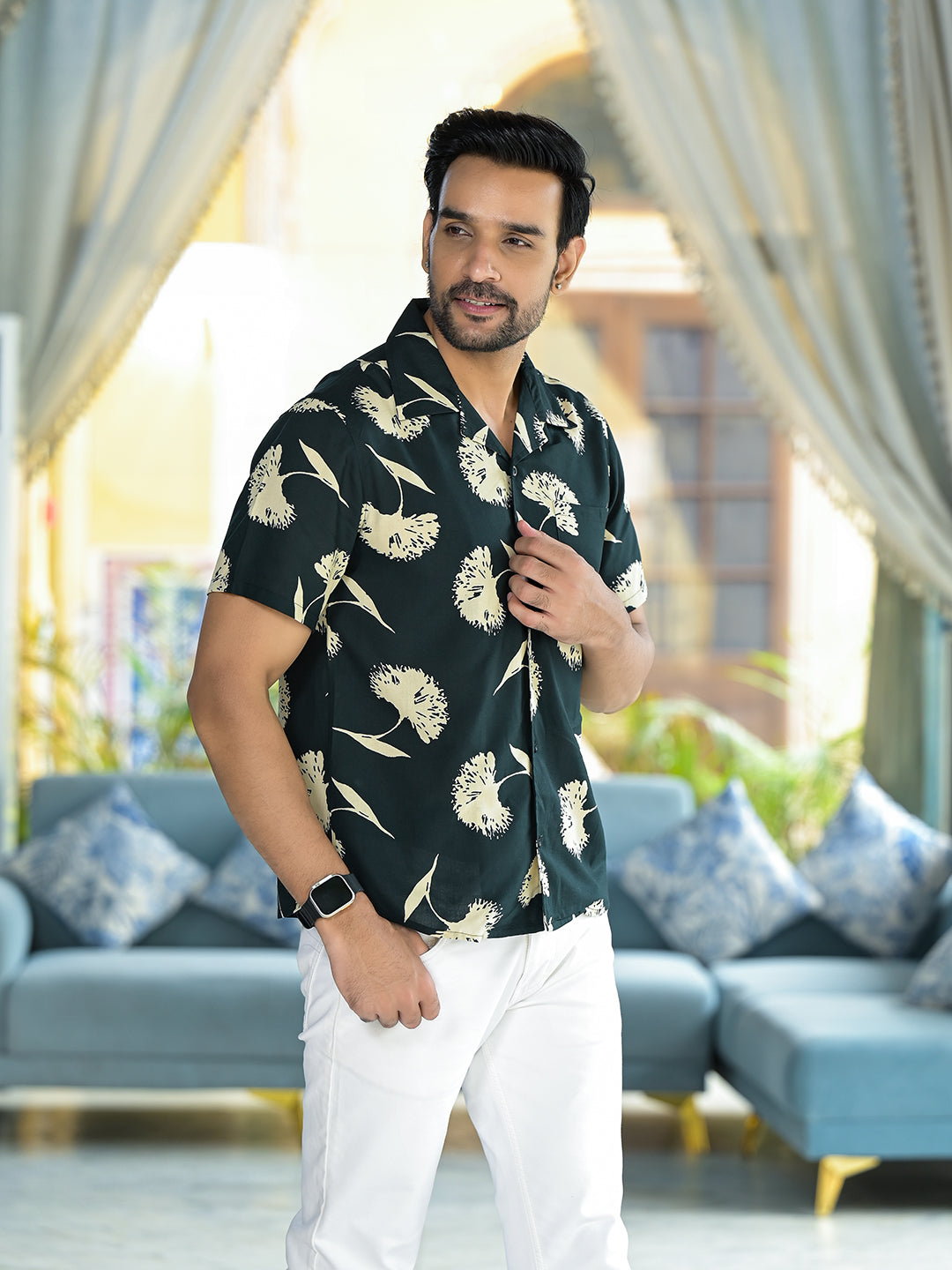 Olive Floral Printed Shirt