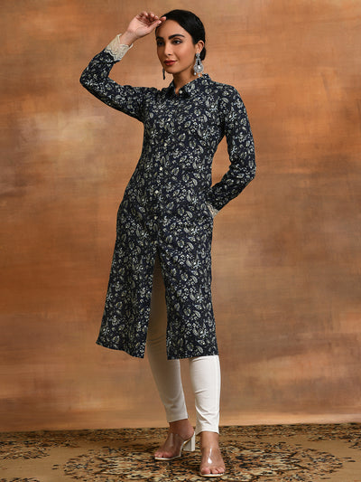 Navy Blue Cropped Kurta with Collar