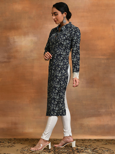 Navy Blue Cropped Kurta with Collar