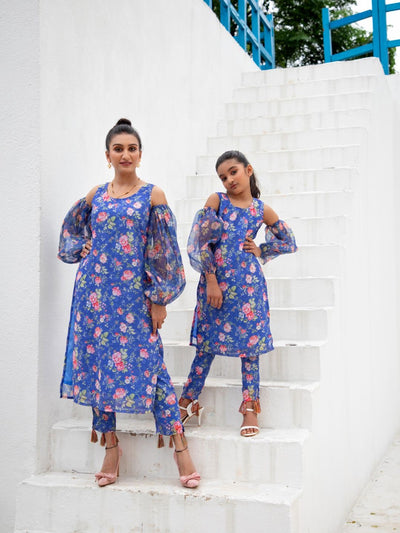 Blue Floral Print Suit Set Mother Daughter Combo