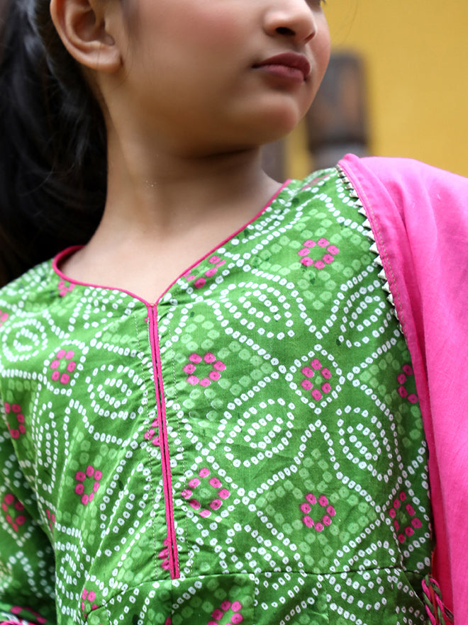 Green Bandhani Print Flared Dress With Dupatta