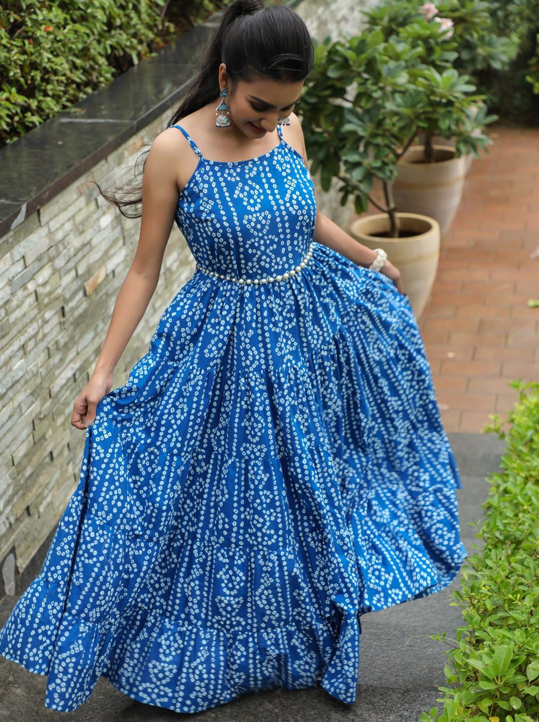 Blue Bandhani Print Tiered Maxi Dress