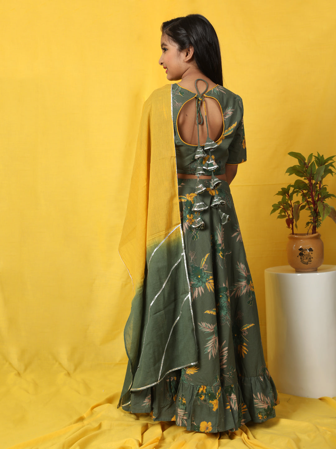 Green Floral Print Lehenga Choli With Dupatta