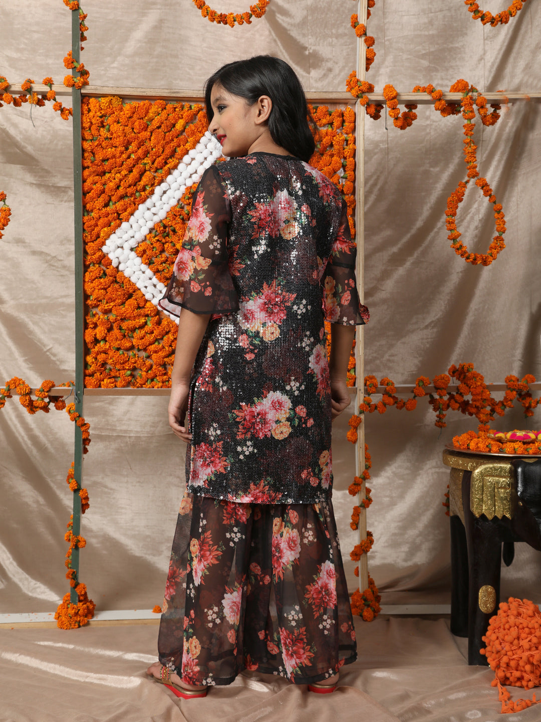Black Sequin Floral Print Kurta With Sharara