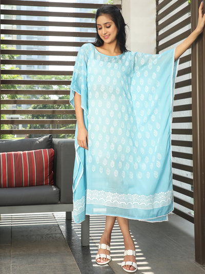 Blue Hand Block Print Kaftan Dress