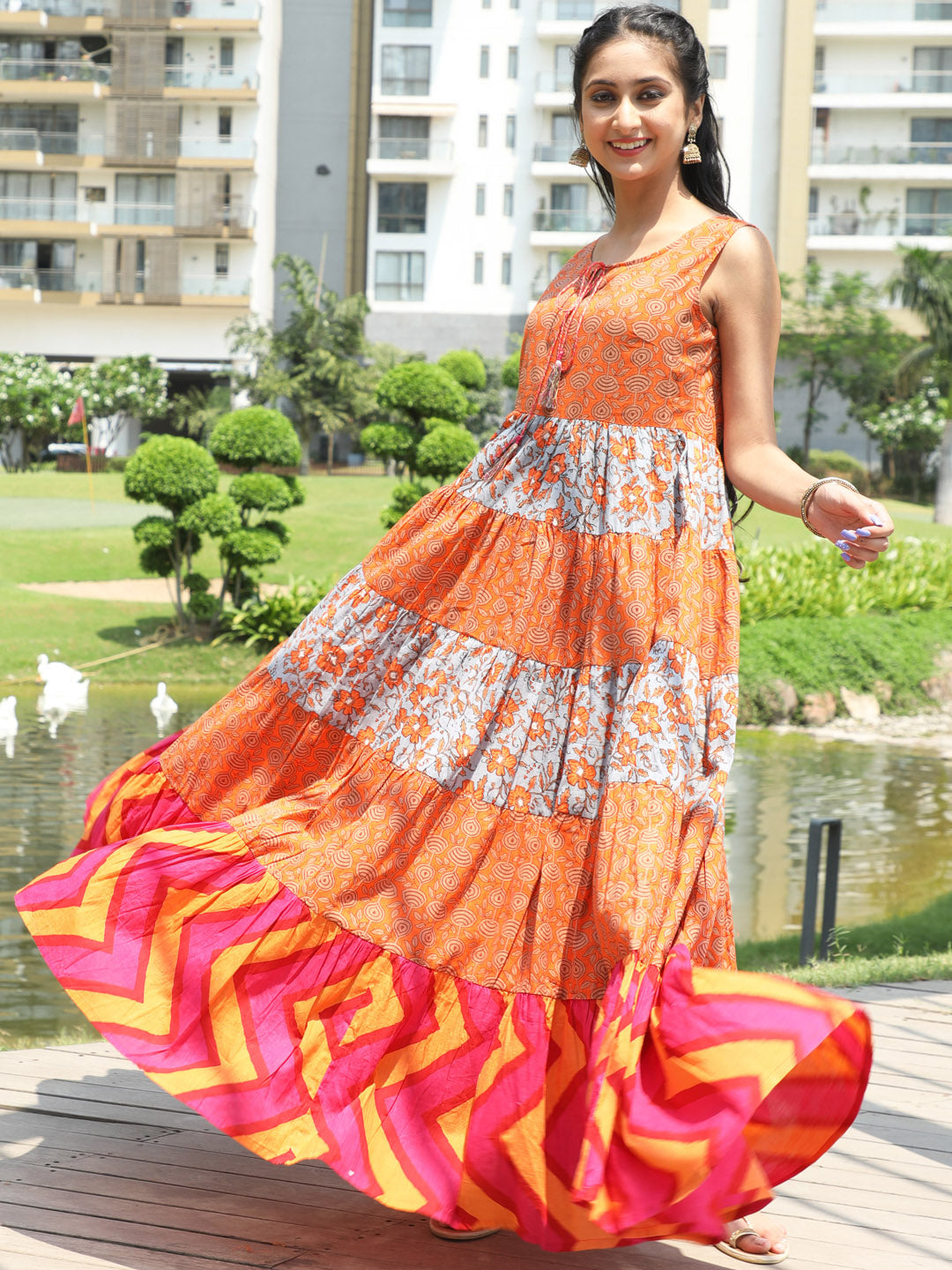 Orange & Grey Floral Print Flared Maxi Dress