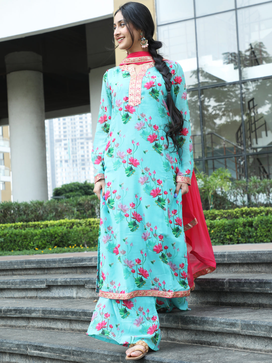 Turquoise Blue Floral Print Kurta Palazzo With Dupatta