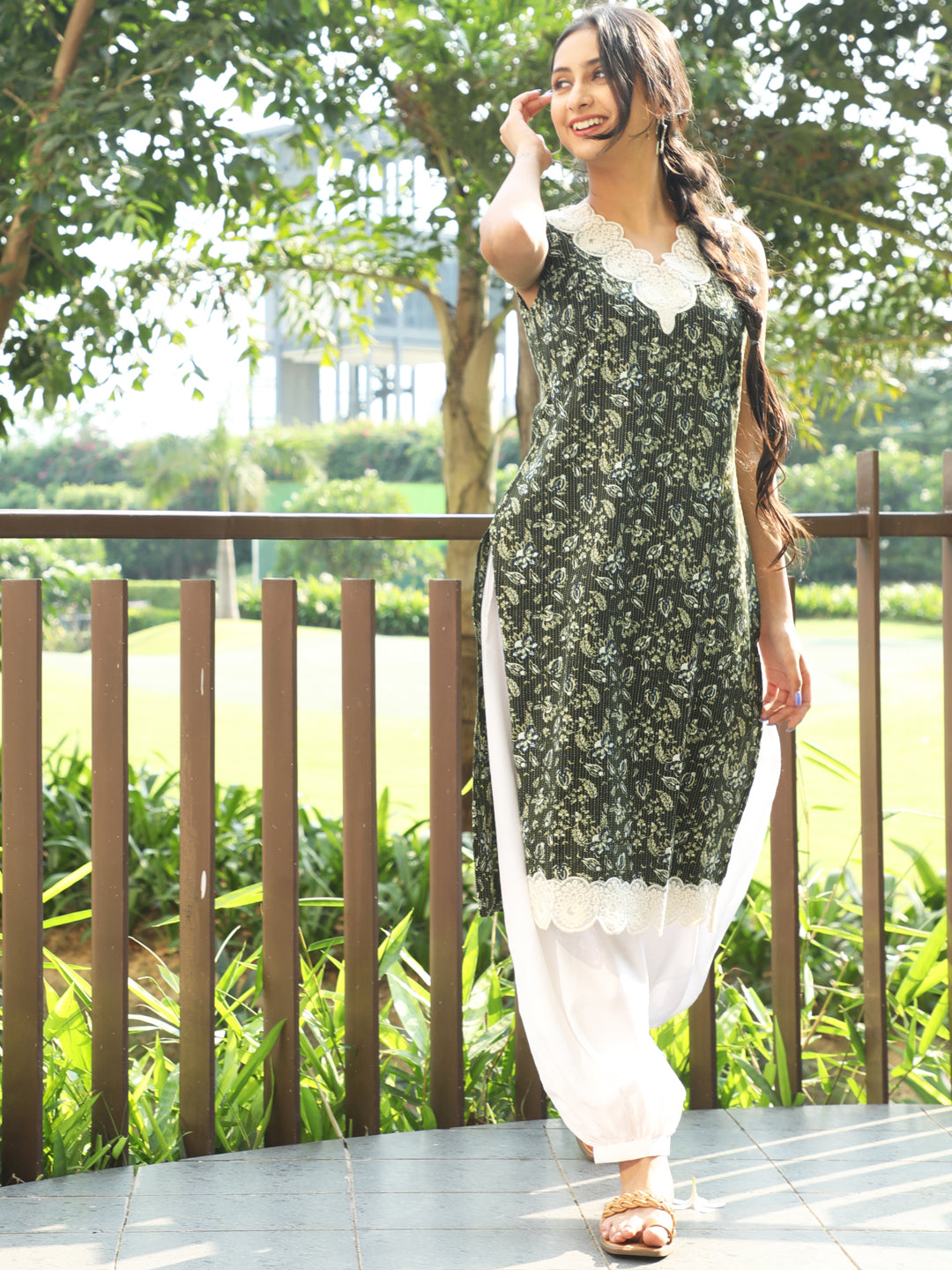 Green Kantha Work Kurta With Lace Details