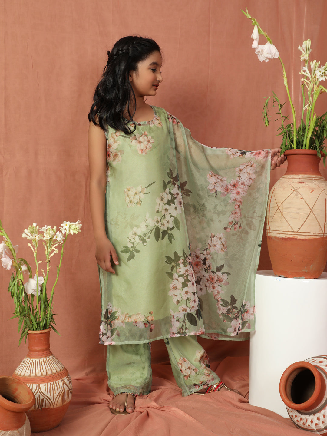 Green Floral Print Kurta With Palazzo