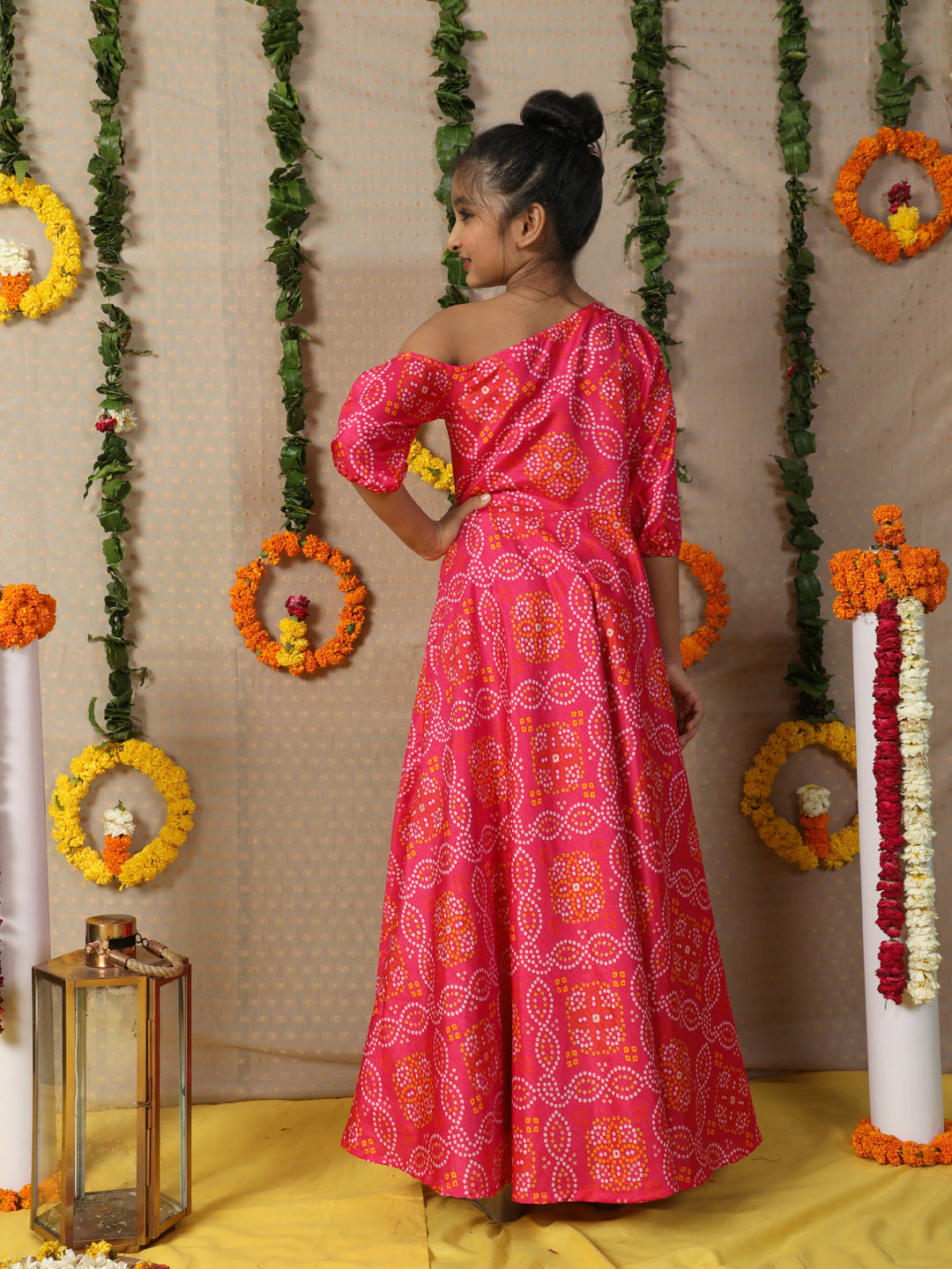 Pink Gold Bandhani Print Maxi Dress