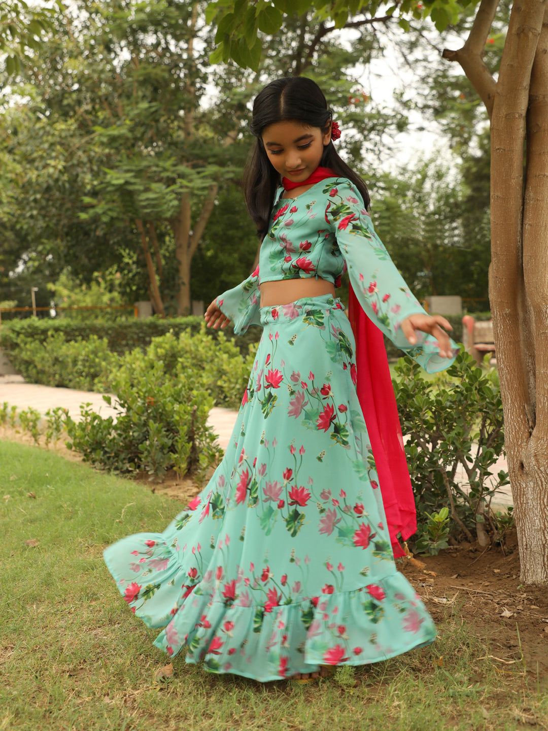 Blue Floral Print Lehenga Choli With Dupatta