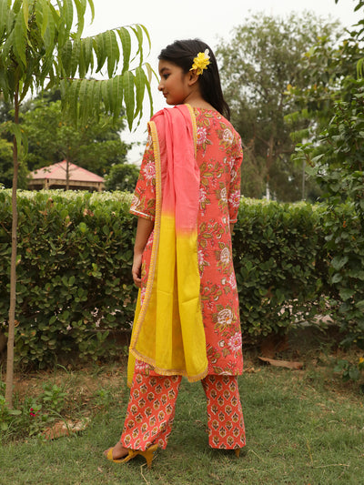 Peach Floral Print Kurta Palazzo With Dupatta