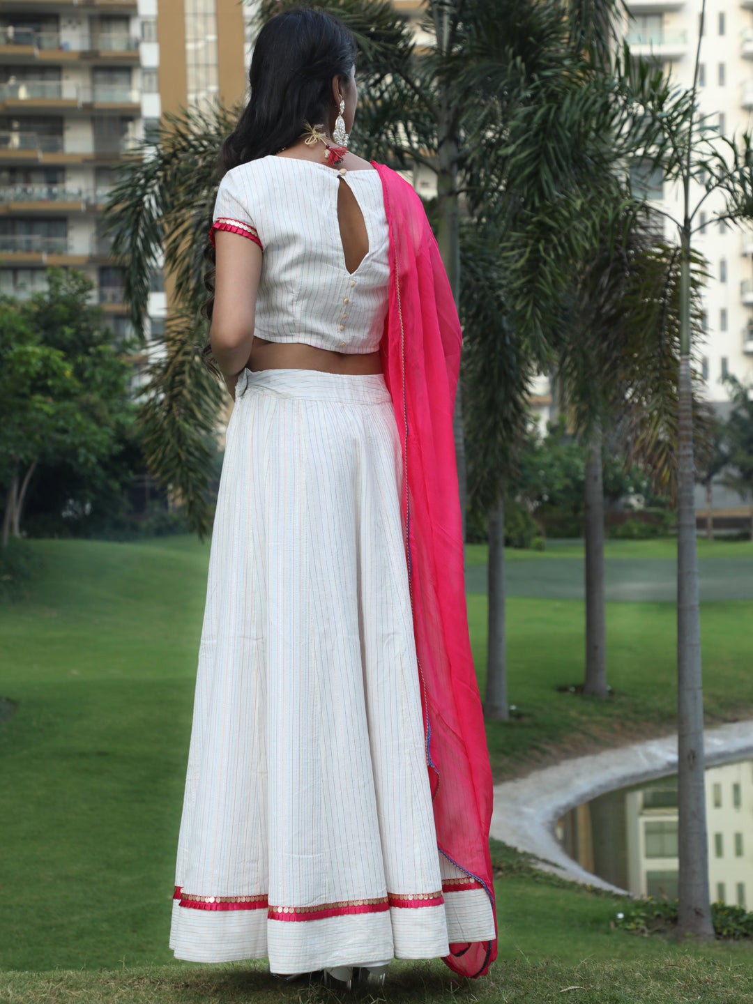 White Striped Lehenga Choli With Dupatta