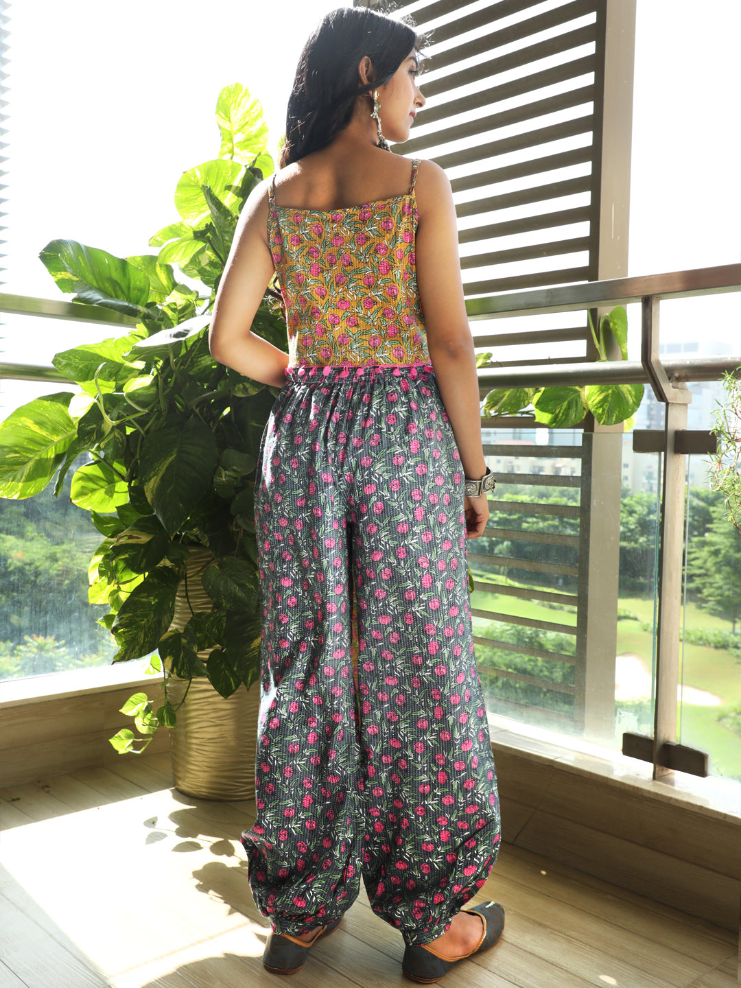 Mustard Grey Floral Print Kurta With Afgani Pant